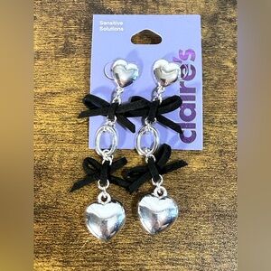 Claire's Silver Heart Earrings with Black Bows NWT